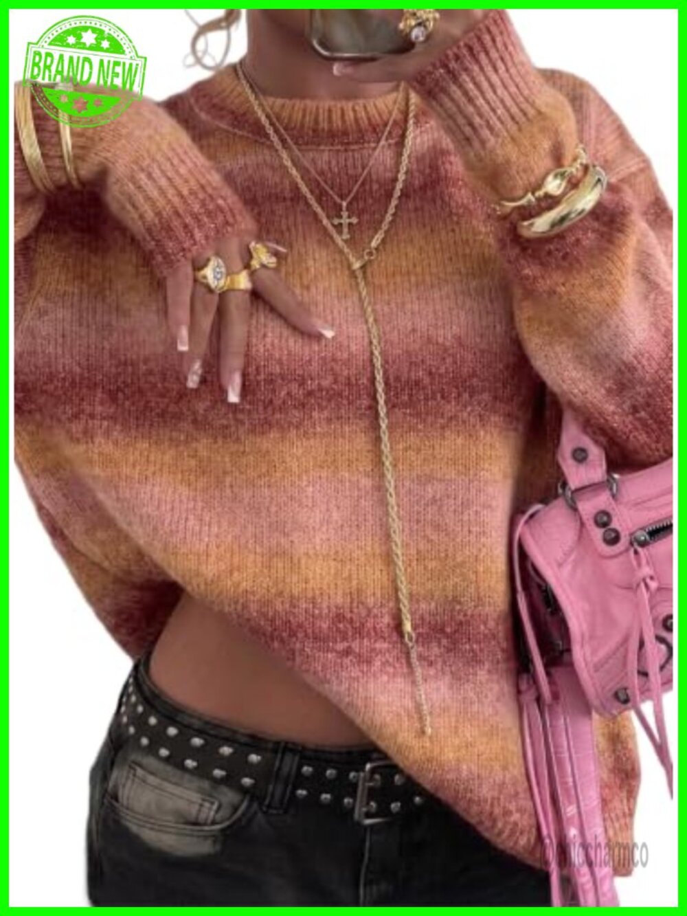 Womens Crewneck Striped Sweater Lantern Sleeve Pullover